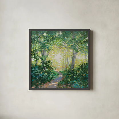 Spring Walk by Julia Purinton. Shown in a sleek black glass frame for a contemporary gallery look. Available as an archival giclee rolled canvas, fine art paper, or poster print. SKU 94972a.