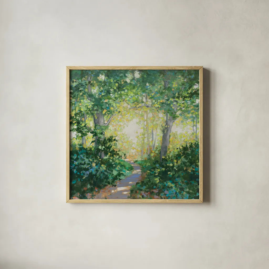 Spring Walk by Julia Purinton. Shown in a natural wood glass frame for a timeless modern aesthetic. Available as an archival giclee rolled canvas, fine art paper, or poster print. SKU 94972a.