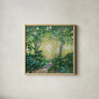 Spring Walk by Julia Purinton. Shown in a natural wood glass frame for a timeless modern aesthetic. Available as an archival giclee rolled canvas, fine art paper, or poster print. SKU 94972a.