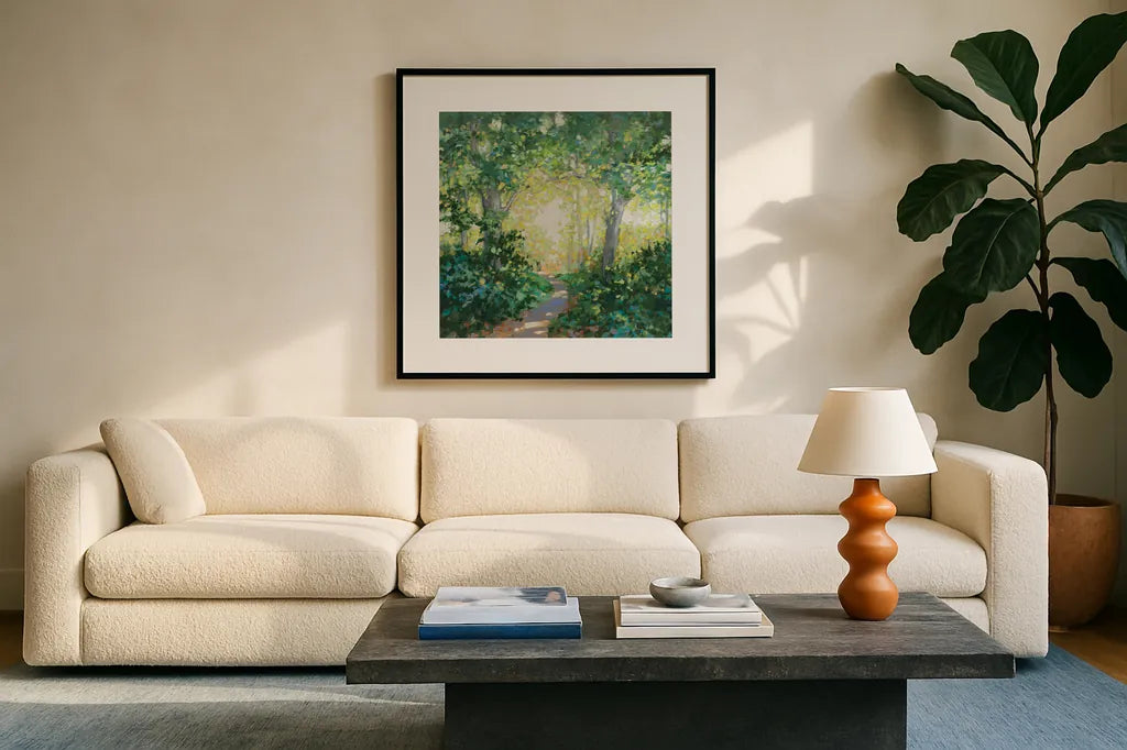 Spring Walk by Julia Purinton. Displayed in a glass frame with matte in a clean modern living room. Available as an archival giclee rolled canvas, fine art paper, or poster print. SKU 94972a.