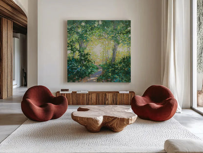 Spring Walk by Julia Purinton. Shown as extra-large giant wall art in a modern living room. Available as an archival giclee rolled canvas, fine art paper, or poster print. SKU 94972a.