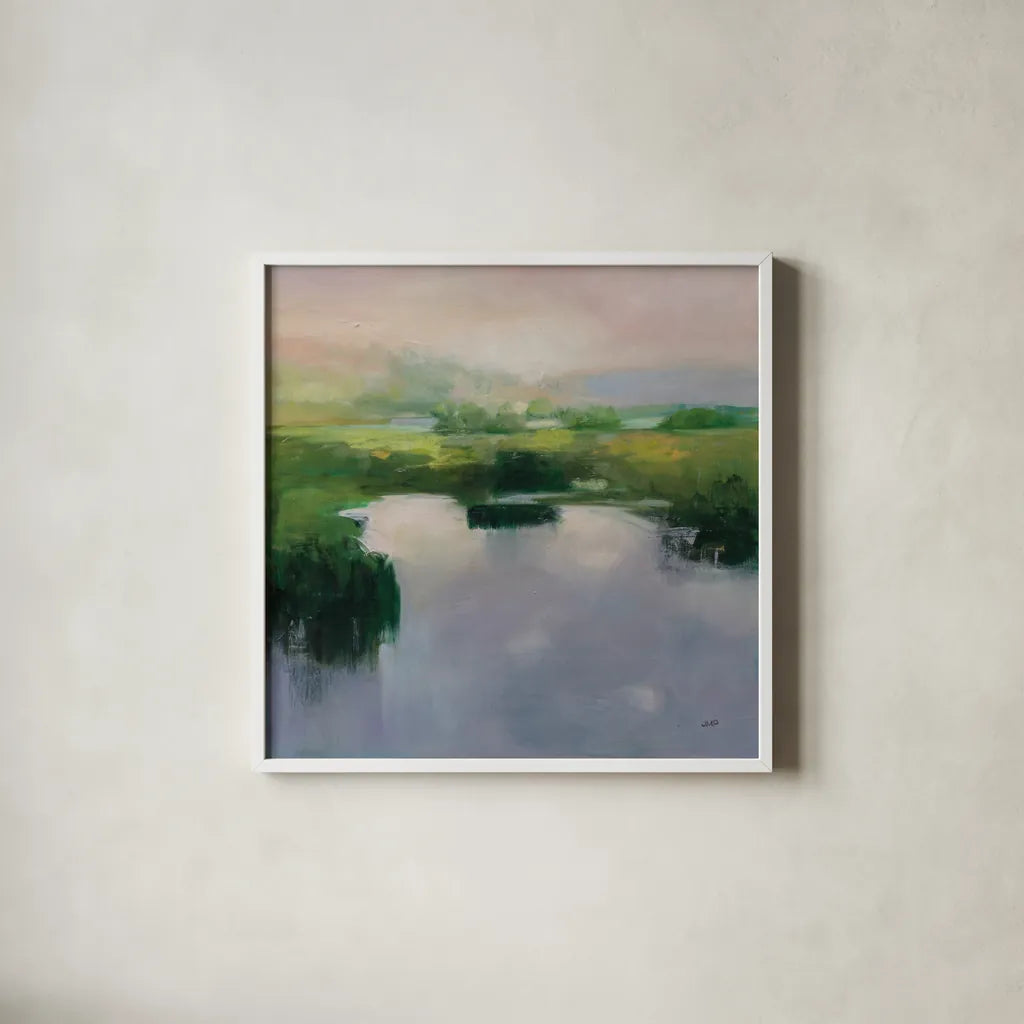 Still Water by Julia Purinton. Shown in a crisp white glass frame for a clean and minimalist style. Available as an archival giclee rolled canvas, fine art paper, or poster print. SKU 82637a.