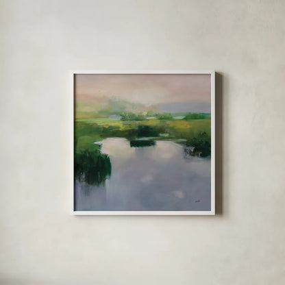 Still Water by Julia Purinton. Shown in a crisp white glass frame for a clean and minimalist style. Available as an archival giclee rolled canvas, fine art paper, or poster print. SKU 82637a.