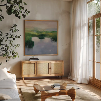 Still Water by Julia Purinton. Shown in a natural wood frame in a cozy modern living room. Available as an archival giclee rolled canvas, fine art paper, or poster print. SKU 82637a.
