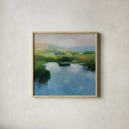Still Water Blue by Julia Purinton. Shown in a natural wood glass frame for a timeless modern aesthetic. Available as an archival giclee rolled canvas, fine art paper, or poster print. SKU 86272a.