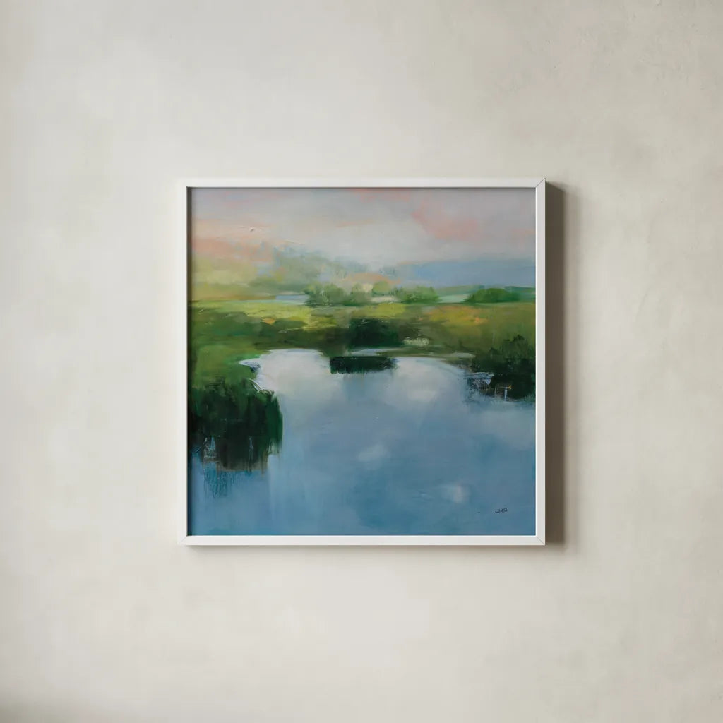 Still Water Blue by Julia Purinton. Shown in a crisp white glass frame for a clean and minimalist style. Available as an archival giclee rolled canvas, fine art paper, or poster print. SKU 86272a.