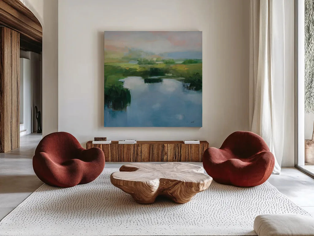Still Water Blue by Julia Purinton. Shown as extra-large giant wall art in a modern living room. Available as an archival giclee rolled canvas, fine art paper, or poster print. SKU 86272a.