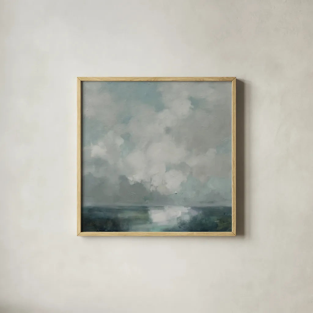 Stormy Cloudscape by Julia Purinton. Shown in a natural wood glass frame for a timeless modern aesthetic. Available as an archival giclee rolled canvas, fine art paper, or poster print. SKU 89287a.