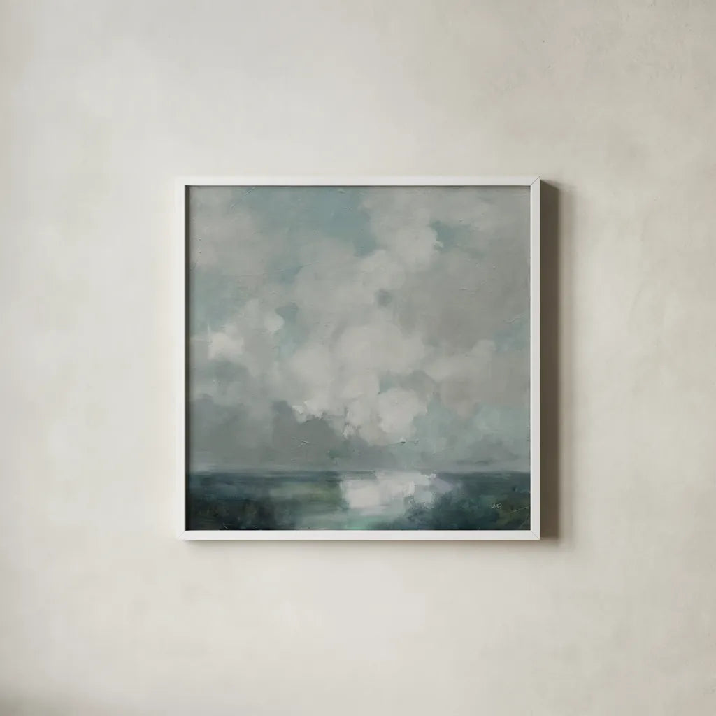 Stormy Cloudscape by Julia Purinton. Shown in a crisp white glass frame for a clean and minimalist style. Available as an archival giclee rolled canvas, fine art paper, or poster print. SKU 89287a.