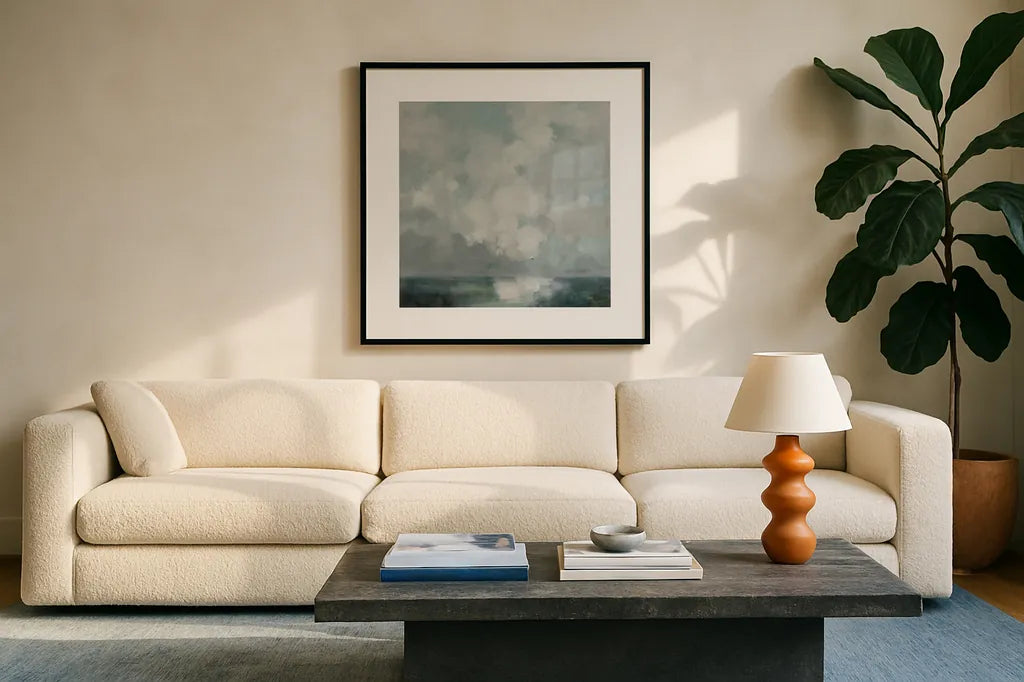 Stormy Cloudscape by Julia Purinton. Displayed in a glass frame with matte in a clean modern living room. Available as an archival giclee rolled canvas, fine art paper, or poster print. SKU 89287a.
