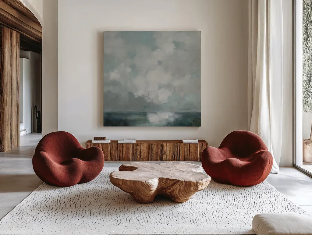 Stormy Cloudscape by Julia Purinton. Shown as extra-large giant wall art in a modern living room. Available as an archival giclee rolled canvas, fine art paper, or poster print. SKU 89287a.