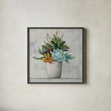 Succulent Still Life I by Julia Purinton. Shown in a sleek black glass frame for a contemporary gallery look. Available as an archival giclee rolled canvas, fine art paper, or poster print. SKU 59959a.