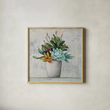 Succulent Still Life I by Julia Purinton. Shown in a natural wood glass frame for a timeless modern aesthetic. Available as an archival giclee rolled canvas, fine art paper, or poster print. SKU 59959a.