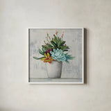 Succulent Still Life I by Julia Purinton. Shown in a crisp white glass frame for a clean and minimalist style. Available as an archival giclee rolled canvas, fine art paper, or poster print. SKU 59959a.