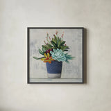 Succulent Still Life I Navy by Julia Purinton. Shown in a sleek black glass frame for a contemporary gallery look. Available as an archival giclee rolled canvas, fine art paper, or poster print. SKU 63531a.