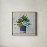 Succulent Still Life I Navy by Julia Purinton. Shown in a natural wood glass frame for a timeless modern aesthetic. Available as an archival giclee rolled canvas, fine art paper, or poster print. SKU 63531a.