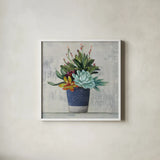 Succulent Still Life I Navy by Julia Purinton. Shown in a crisp white glass frame for a clean and minimalist style. Available as an archival giclee rolled canvas, fine art paper, or poster print. SKU 63531a.