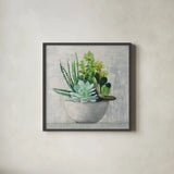 Succulent Still Life II by Julia Purinton. Shown in a sleek black glass frame for a contemporary gallery look. Available as an archival giclee rolled canvas, fine art paper, or poster print. SKU 59960a.