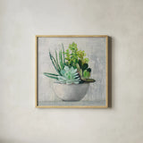 Succulent Still Life II by Julia Purinton. Shown in a natural wood glass frame for a timeless modern aesthetic. Available as an archival giclee rolled canvas, fine art paper, or poster print. SKU 59960a.