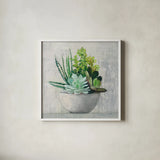 Succulent Still Life II by Julia Purinton. Shown in a crisp white glass frame for a clean and minimalist style. Available as an archival giclee rolled canvas, fine art paper, or poster print. SKU 59960a.