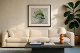 Succulent Still Life II by Julia Purinton. Displayed in a glass frame with matte in a clean modern living room. Available as an archival giclee rolled canvas, fine art paper, or poster print. SKU 59960a.