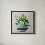 Succulent Still Life II Navy by Julia Purinton. Shown in a sleek black glass frame for a contemporary gallery look. Available as an archival giclee rolled canvas, fine art paper, or poster print. SKU 63532a.