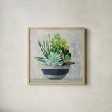 Succulent Still Life II Navy by Julia Purinton. Shown in a natural wood glass frame for a timeless modern aesthetic. Available as an archival giclee rolled canvas, fine art paper, or poster print. SKU 63532a.