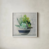 Succulent Still Life II Navy by Julia Purinton. Shown in a crisp white glass frame for a clean and minimalist style. Available as an archival giclee rolled canvas, fine art paper, or poster print. SKU 63532a.