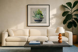 Succulent Still Life II Navy by Julia Purinton. Displayed in a glass frame with matte in a clean modern living room. Available as an archival giclee rolled canvas, fine art paper, or poster print. SKU 63532a.