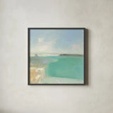 Summer Coastline by Julia Purinton. Shown in a sleek black glass frame for a contemporary gallery look. Available as an archival giclee rolled canvas, fine art paper, or poster print. SKU 56320a.