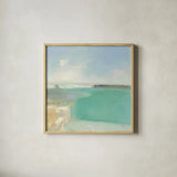 Summer Coastline by Julia Purinton. Shown in a natural wood glass frame for a timeless modern aesthetic. Available as an archival giclee rolled canvas, fine art paper, or poster print. SKU 56320a.
