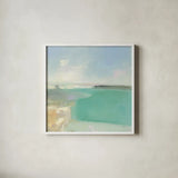 Summer Coastline by Julia Purinton. Shown in a crisp white glass frame for a clean and minimalist style. Available as an archival giclee rolled canvas, fine art paper, or poster print. SKU 56320a.