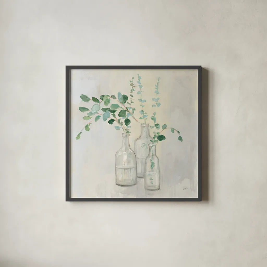 Summer Cuttings I by Julia Purinton. Shown in a sleek black glass frame for a contemporary gallery look. Available as an archival giclee rolled canvas, fine art paper, or poster print. SKU 39310a.