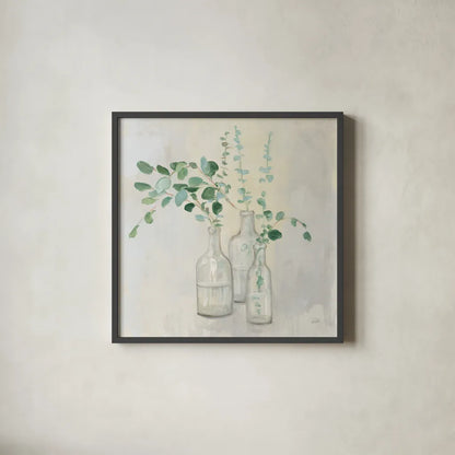 Summer Cuttings I by Julia Purinton. Shown in a sleek black glass frame for a contemporary gallery look. Available as an archival giclee rolled canvas, fine art paper, or poster print. SKU 39310a.