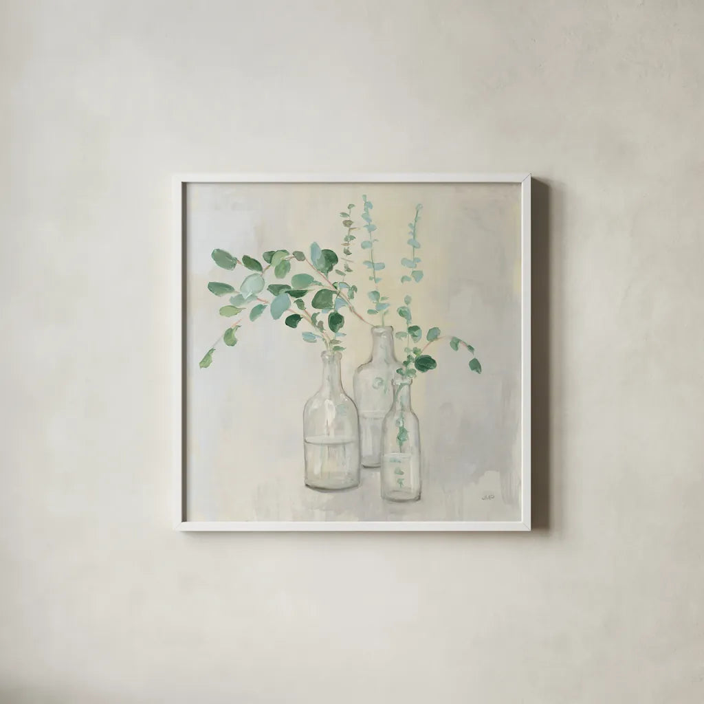 Summer Cuttings I by Julia Purinton. Shown in a crisp white glass frame for a clean and minimalist style. Available as an archival giclee rolled canvas, fine art paper, or poster print. SKU 39310a.
