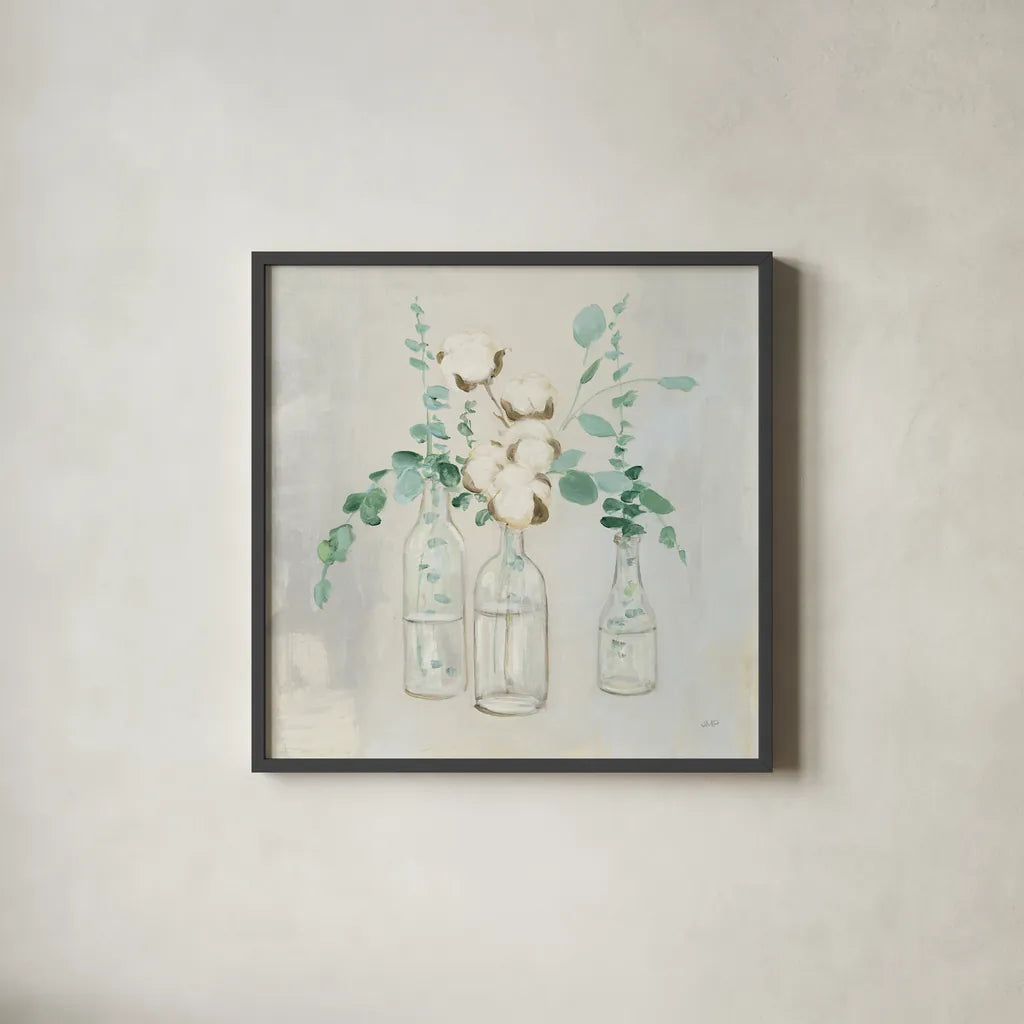 Summer Cuttings II by Julia Purinton. Shown in a sleek black glass frame for a contemporary gallery look. Available as an archival giclee rolled canvas, fine art paper, or poster print. SKU 39311a.