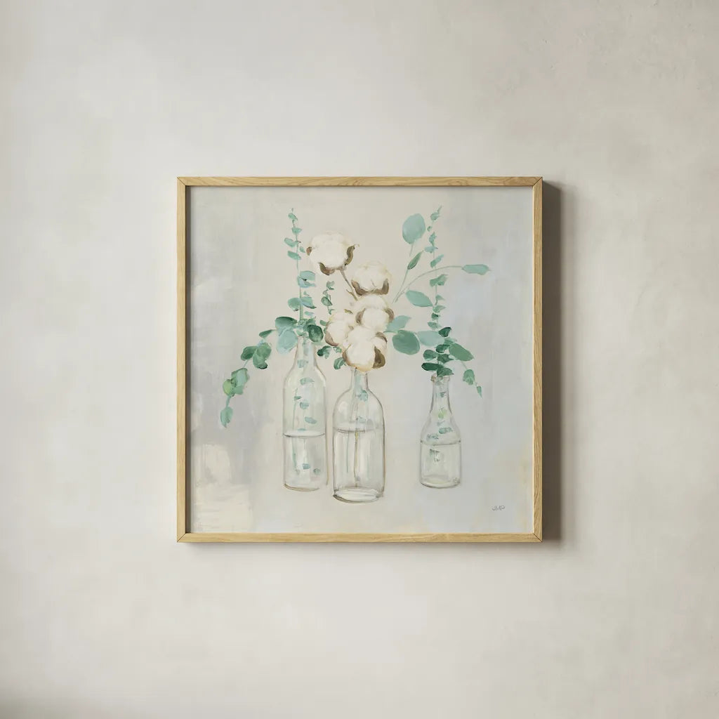 Summer Cuttings II by Julia Purinton. Shown in a natural wood glass frame for a timeless modern aesthetic. Available as an archival giclee rolled canvas, fine art paper, or poster print. SKU 39311a.