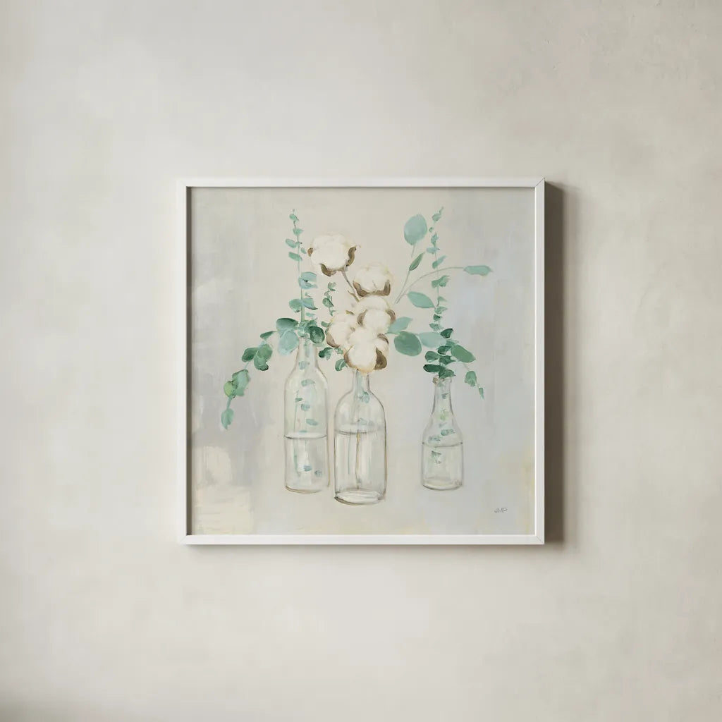 Summer Cuttings II by Julia Purinton. Shown in a crisp white glass frame for a clean and minimalist style. Available as an archival giclee rolled canvas, fine art paper, or poster print. SKU 39311a.