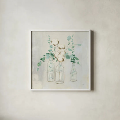 Summer Cuttings II by Julia Purinton. Shown in a crisp white glass frame for a clean and minimalist style. Available as an archival giclee rolled canvas, fine art paper, or poster print. SKU 39311a.