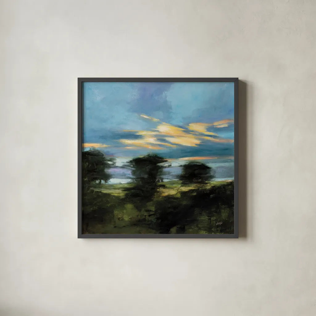 Summer Dusk by Julia Purinton. Shown in a sleek black glass frame for a contemporary gallery look. Available as an archival giclee rolled canvas, fine art paper, or poster print. SKU 83844a.