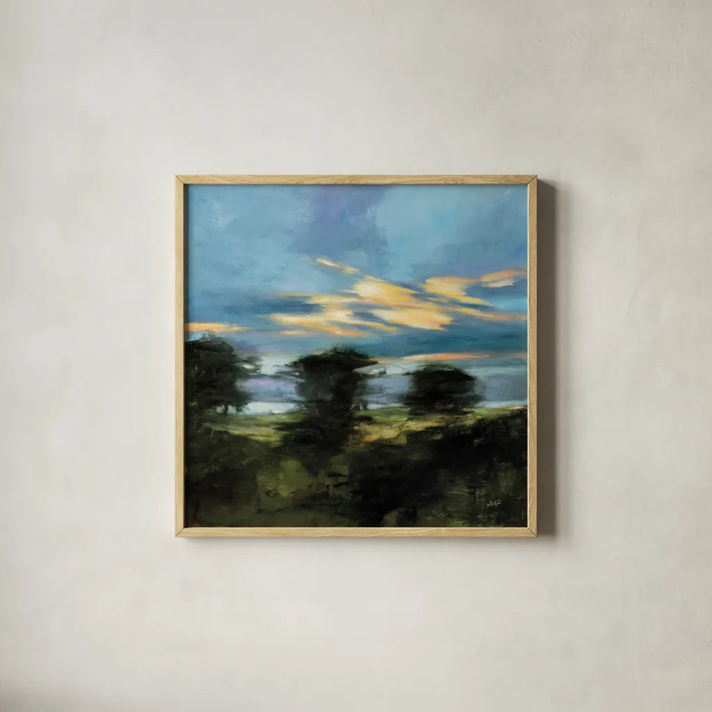 Summer Dusk by Julia Purinton. Shown in a natural wood glass frame for a timeless modern aesthetic. Available as an archival giclee rolled canvas, fine art paper, or poster print. SKU 83844a.