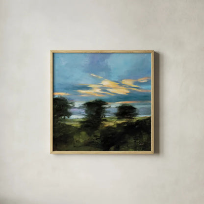 Summer Dusk by Julia Purinton. Shown in a natural wood glass frame for a timeless modern aesthetic. Available as an archival giclee rolled canvas, fine art paper, or poster print. SKU 83844a.