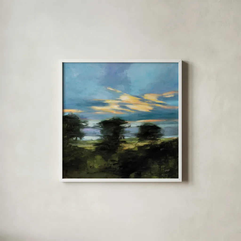 Summer Dusk by Julia Purinton. Shown in a crisp white glass frame for a clean and minimalist style. Available as an archival giclee rolled canvas, fine art paper, or poster print. SKU 83844a.