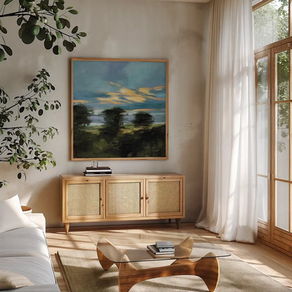 Summer Dusk by Julia Purinton. Shown in a natural wood frame in a cozy modern living room. Available as an archival giclee rolled canvas, fine art paper, or poster print. SKU 83844a.