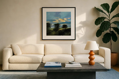 Summer Dusk by Julia Purinton. Displayed in a glass frame with matte in a clean modern living room. Available as an archival giclee rolled canvas, fine art paper, or poster print. SKU 83844a.