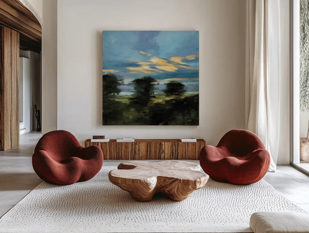 Summer Dusk by Julia Purinton. Shown as extra-large giant wall art in a modern living room. Available as an archival giclee rolled canvas, fine art paper, or poster print. SKU 83844a.