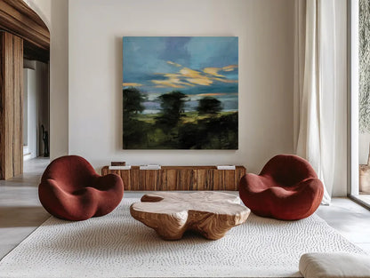 Summer Dusk by Julia Purinton. Shown as extra-large giant wall art in a modern living room. Available as an archival giclee rolled canvas, fine art paper, or poster print. SKU 83844a.