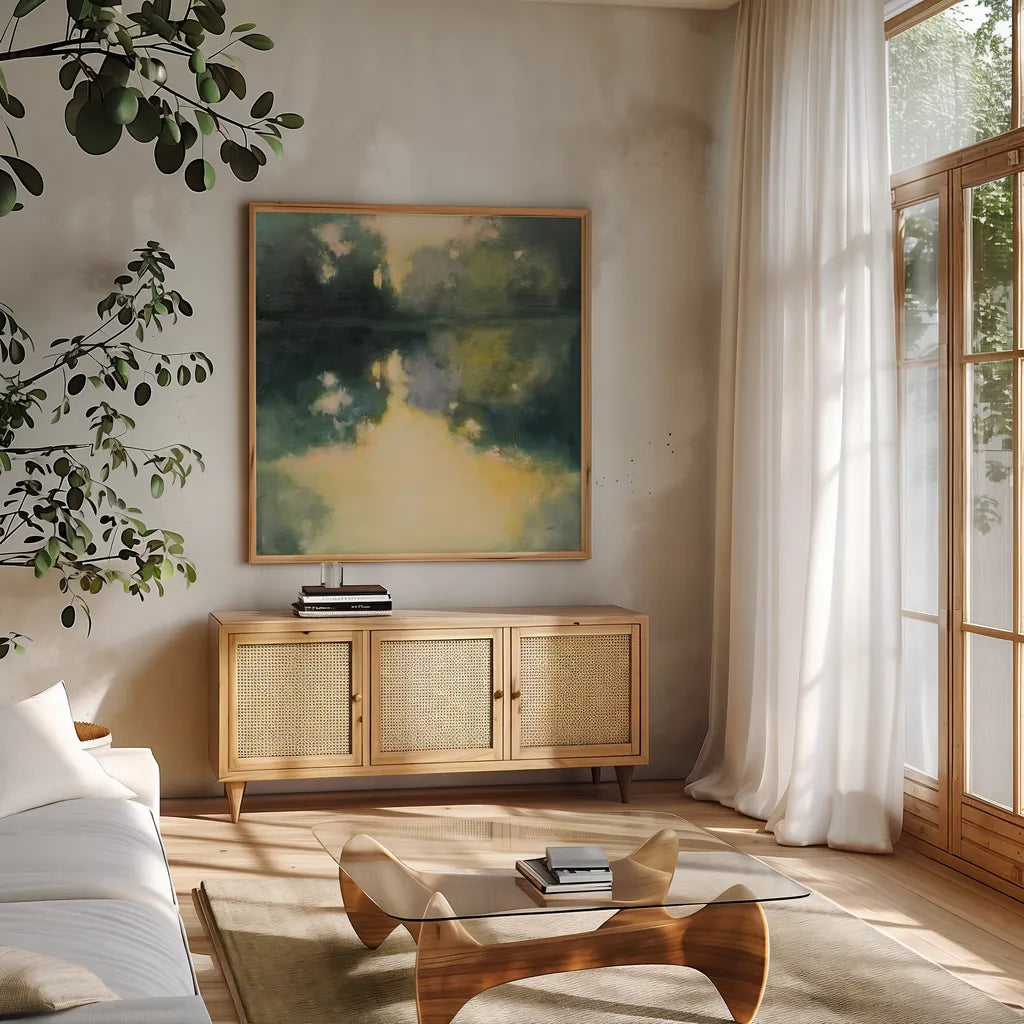 Summer Glow by Julia Purinton. Shown in a natural wood frame in a cozy modern living room. Available as an archival giclee rolled canvas, fine art paper, or poster print. SKU 88399a.