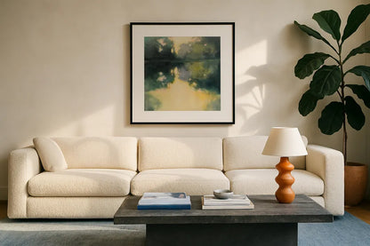Summer Glow by Julia Purinton. Displayed in a glass frame with matte in a clean modern living room. Available as an archival giclee rolled canvas, fine art paper, or poster print. SKU 88399a.