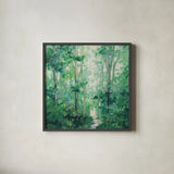 Summer Path v2 Sq by Julia Purinton. Shown in a sleek black glass frame for a contemporary gallery look. Available as an archival giclee rolled canvas, fine art paper, or poster print. SKU 95194a.
